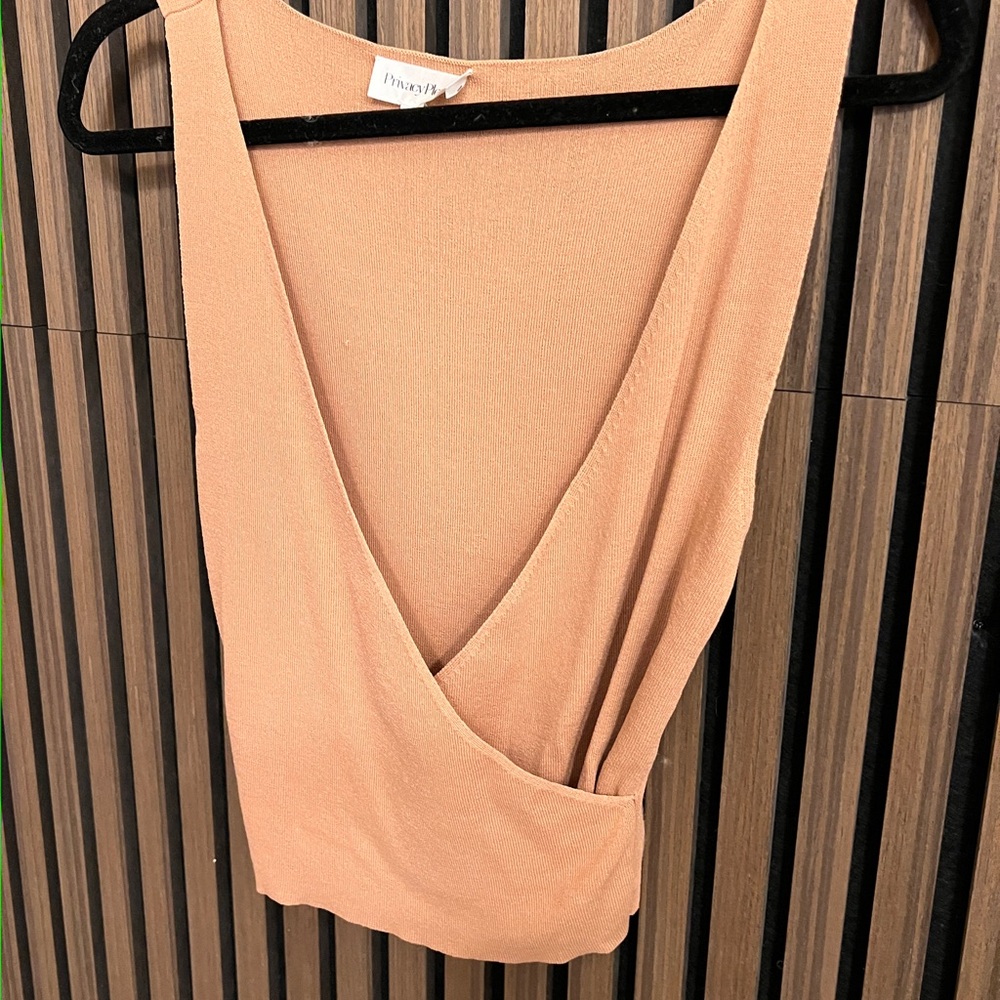 Privacy Please Tan Wrap Sleeveless Blouse